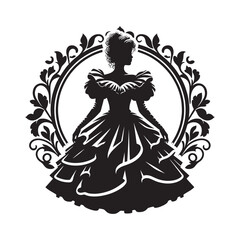 Elegant vintage silhouette woman in a prom dress with floral frame design