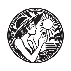 Obraz premium Elegant woman applying sunscreen under a bright sun art deco illustration
