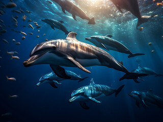 Obraz premium Spinner dolphins pod hunting sardines balling tightly birds diving above evening light