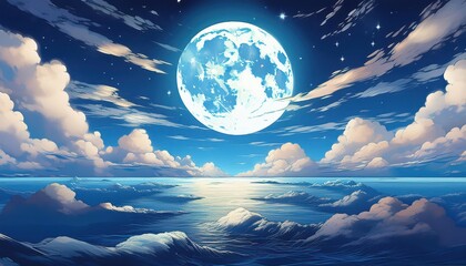 Lunar Luminescence Over an Animeinspired Cloudscape Dramatic Full Moon Casting a Radiant Glow over a Sea of Fluffy Clouds, with a Moody Atmosphere Filled with Dreamy Chromatics.