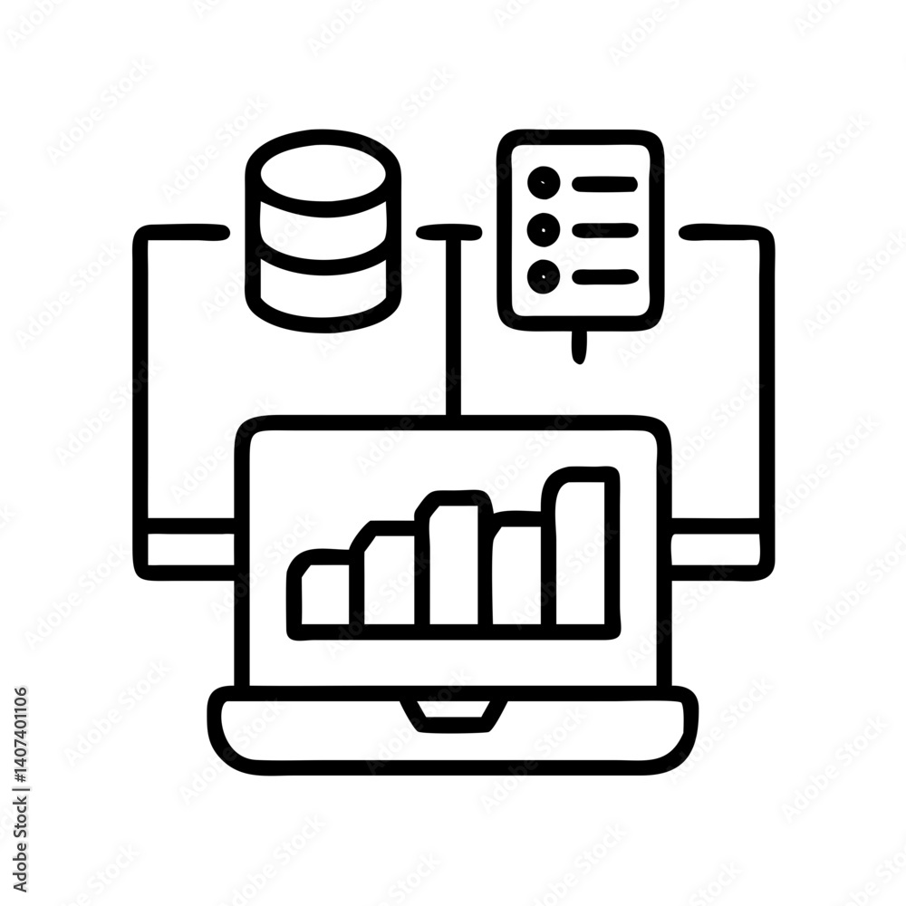 Poster data analytics dashboard on laptop connected to database and task list for business insights