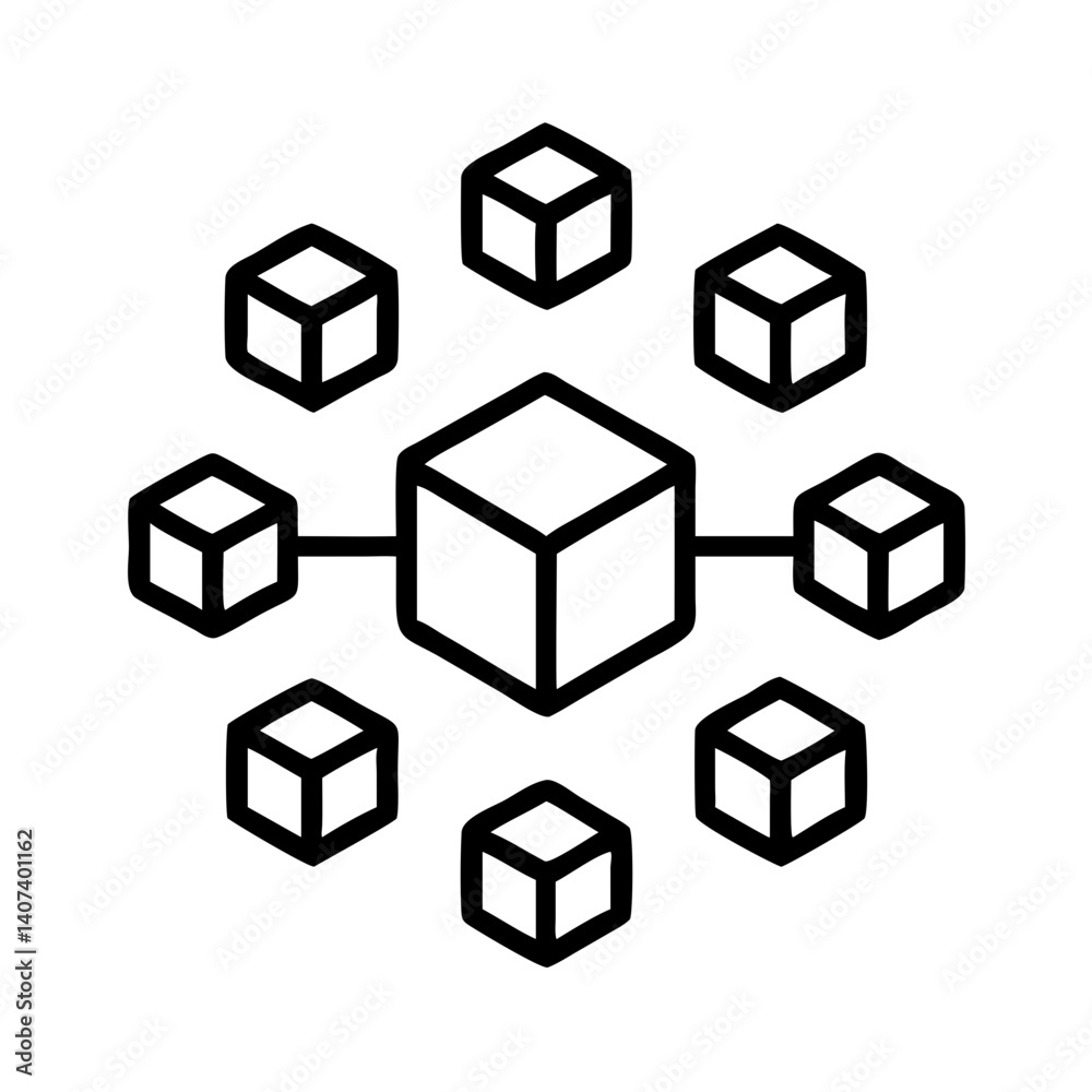 Poster decentralized network blockchain technology concept connecting cubes for data management system