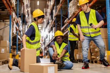 Warehouse workers reacting to workplace accident injury