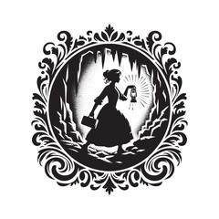 Monochrome Silhouette of a Woman Exploring Cave Depths with a Torchlight