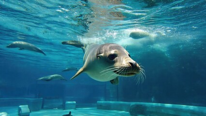 Fototapeta premium South American sea lions in an ocean tank at a marine facility. The sea lion is swimming underwater, looking curiously towards the camera.