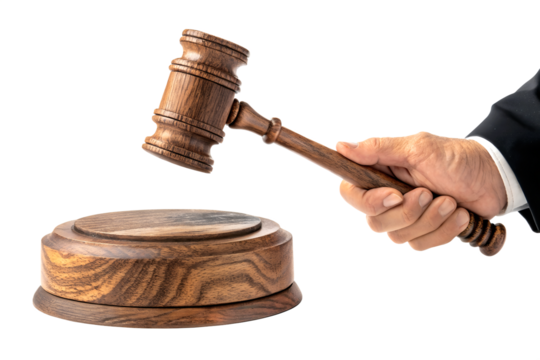 Hand Holding Wooden Gavel And Striking Sound Block For Justice In Court