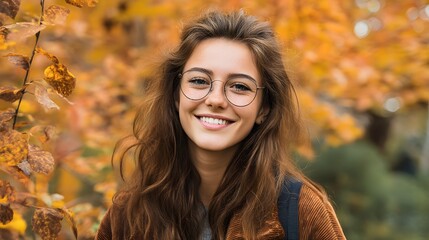 Fototapeta premium Autumnal Radiance: A portrait of a woman, smiles brightly against a backdrop of vibrant fall foliage, she has a glasses and her smile glows with warmth, a perfect embodiment of autumnal charm.