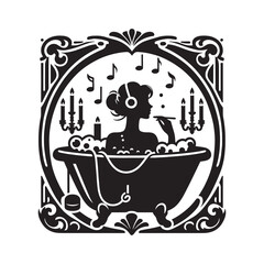 Fototapeta premium Serene woman silhouette soaking in bubble bath with music in art nouveau frame