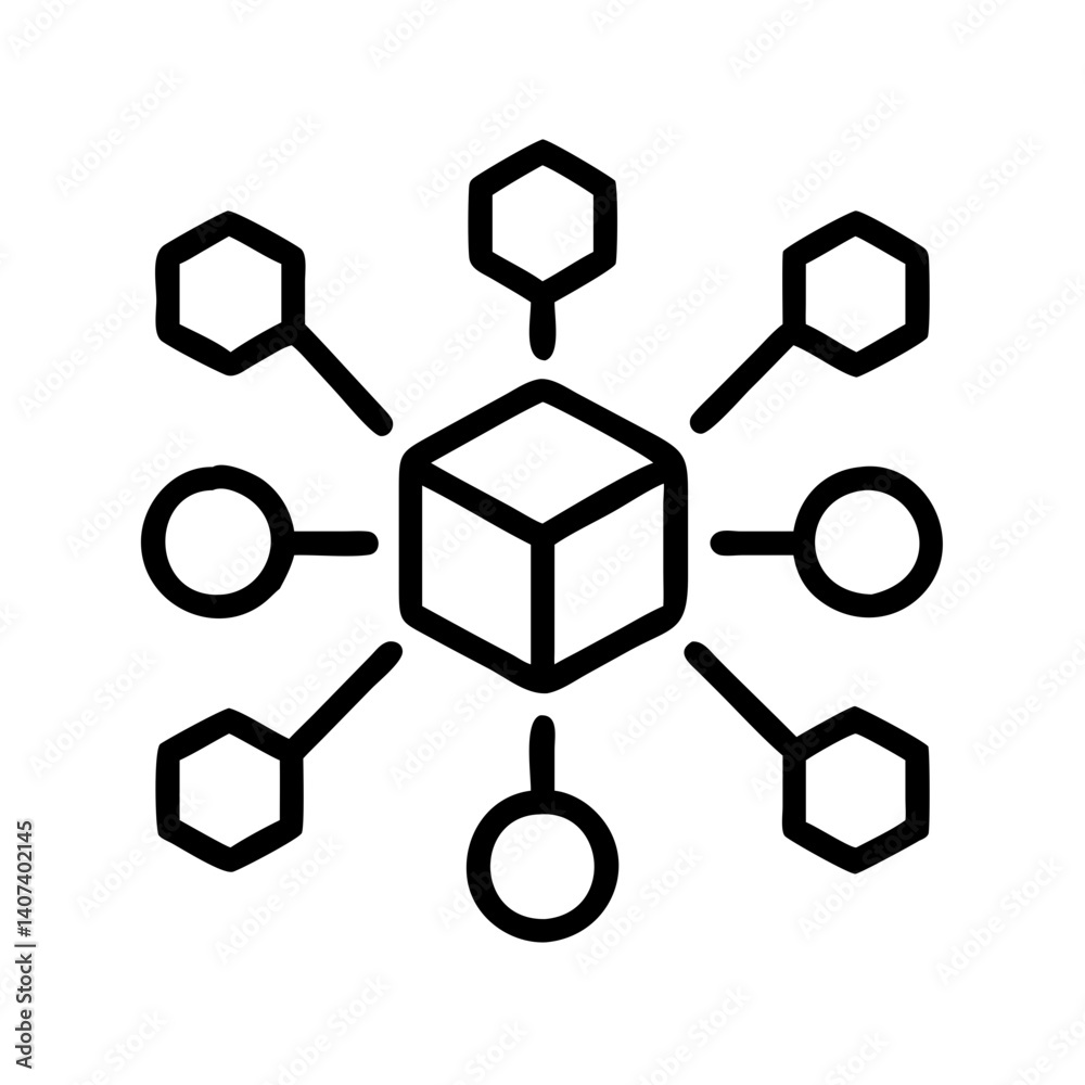 Poster network connection diagram with cube and hexagon nodes for blockchain technology and data sharing