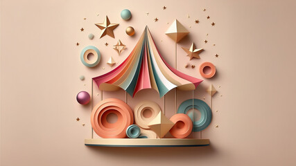 A whimsical display of colorful geometric shapes floating on a cream pastel backdrop. Includes stars, bows, ovals, glittery circles, and striped arches, evoking childhood, dreams, and celebration.