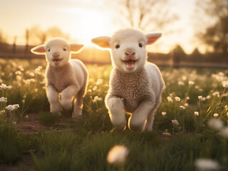 Spring lambs play joyfully in the fields, running freely and celebrating life naturally
