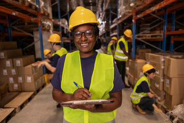 Female supervisor smiling and taking notes in warehouse with workers