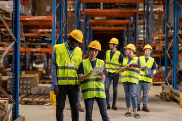 Warehouse workers using digital tablet and inventory management software