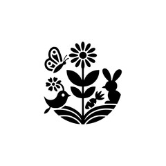 Obraz premium Minimalist Spring Garden Silhouette: Birds, Butterflies, and Bunnies