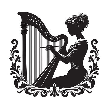 black silhouette woman playing harp clip art preview