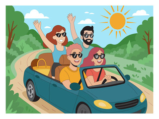 Fototapeta premium Friends Enjoying Summer Road Trip in a Convertible Cartoon Vector Illustration. Happy Group of Friends Traveling in Car Through Nature Flat Design. Summer Vacation Road Trip with Friends.