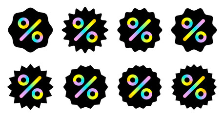 Discount icon, percentage % sign, finance percent offer, shopping Sale bright neon rainbow sticker, label, logo. Star shape Isolated vector on white background EPS10