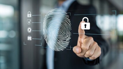 Digital Payments blockchain cryptocurrency concept, Digital fingerprint security concept with a hand touching a lock icon.