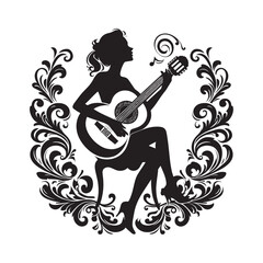 Silhouette of a woman playing guitar surrounded by floral ornaments