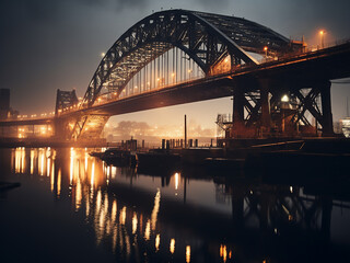 Fototapeta premium Massive steel bridge over the river reflecting perfectly boats passing beneath doubling the view