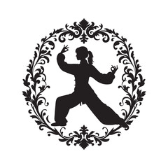 Fototapeta premium Silhouette of a woman practicing Tai Chi in a vintage flourish frame