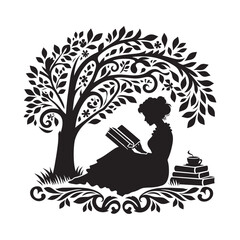 Silhouette of a woman reading a book under a tree in a park setting