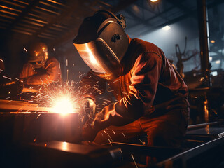 Steel plate welding with fabricators joining steadily forming connection sparks illuminating work