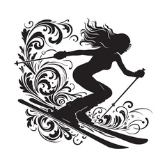Fototapeta premium Silhouette of a woman skiing with elegant victorian flourish ornamental elements