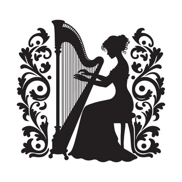 silhouette woman playing harp black and white clip art preview