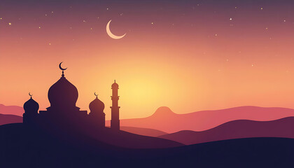 Obraz premium Serene Sunset Mosque Silhouette: A Ramadan Kareem Scene
