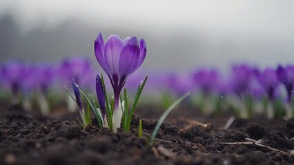 Obraz premium Close-up of pink and purple tulips growing in a garden, with soil visible at the bottom.
