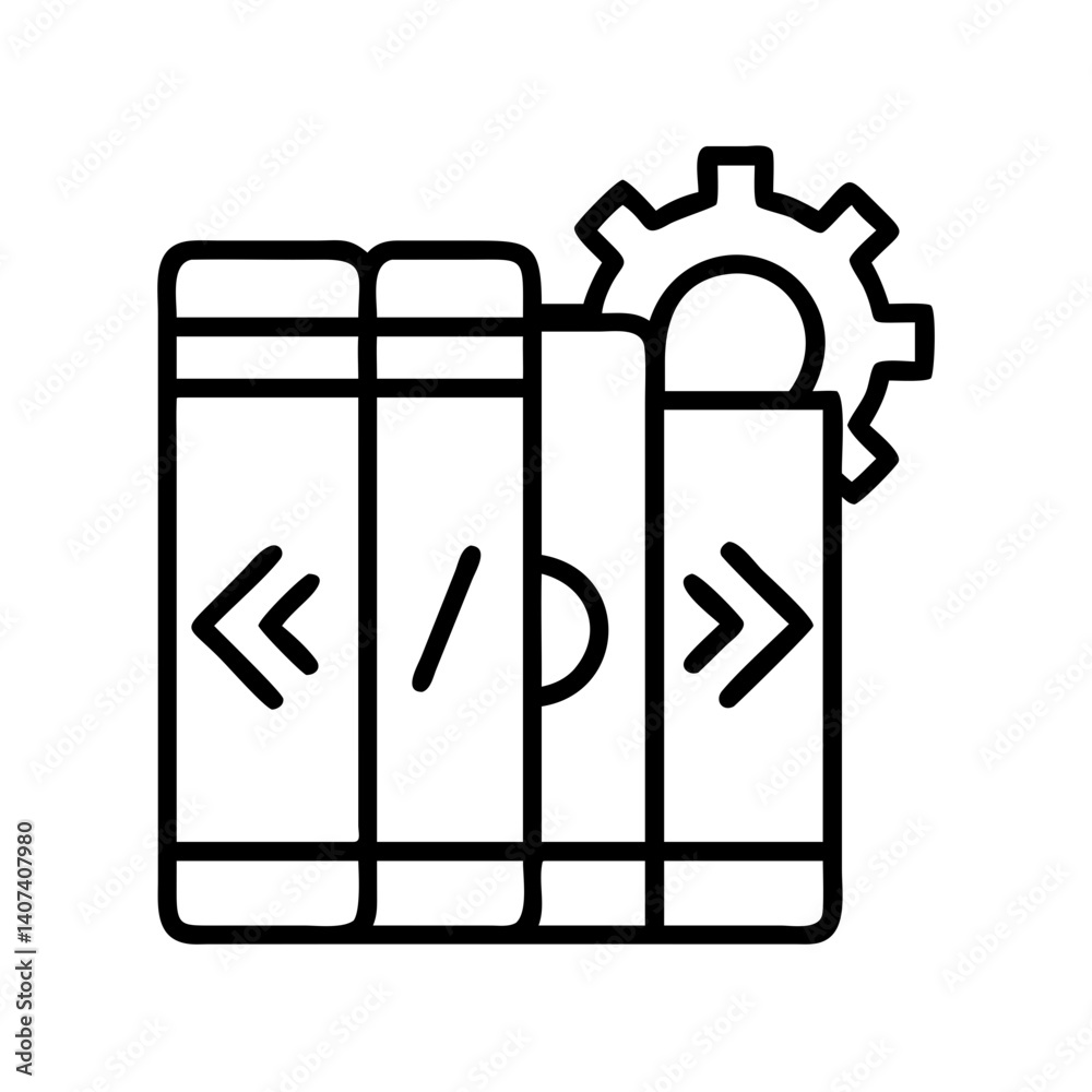 Poster Programming books with code and gear icon for software development and engineering learning