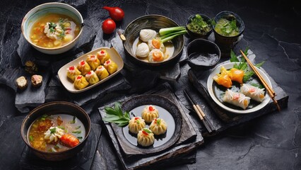 Delicious selection of Asian food including sushi, tempura, ramen, and more. Including cultural elements like chopsticks and bento boxes.