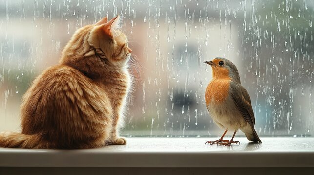 A cat and a bird sitting peacefully on the same windowsill, watching the rain