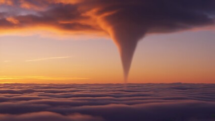 Striking sunset over a dramatic twilight sky filled with towering tornado clouds and illuminated by the golden glow of the setting sun.