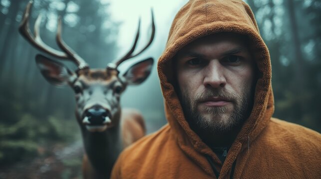 A rugged man wearing an orange hooded jacket stares intensely at the camera, with a majestic deer peeking curiously behind him in a misty forest setting.