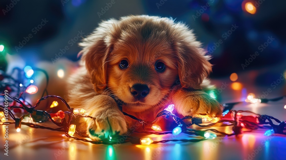 Poster a fluffy puppy tangled in a string of holiday lights, looking innocent
