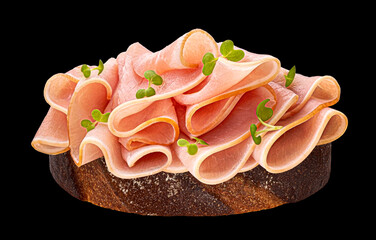Sandwich with pork ham slices on black background