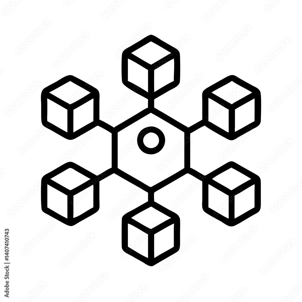 Poster Decentralized network connection blockchain technology with hexagon and cube nodes icon design