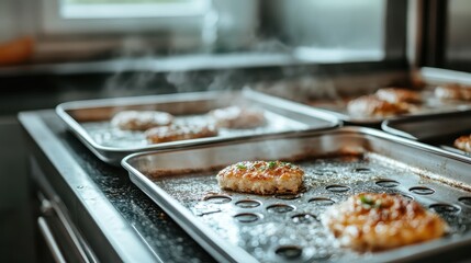 An inviting scene of freshly cooked patties laid out on baking trays in a bright kitchen, steam rising creating a warm and cozy atmosphere for culinary delights.