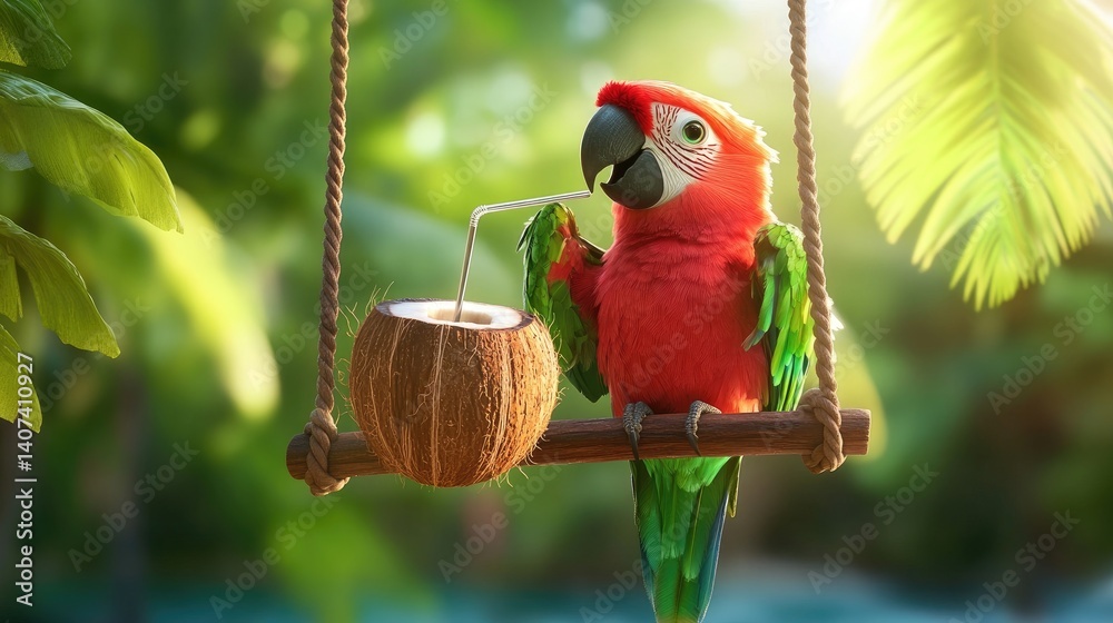 Poster a parrot sitting on a swing sipping from a coconut with a straw