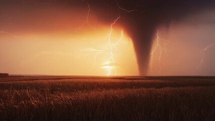 Majestic twilight sky meets powerful storm: a dramatic sunset with an incoming tornado, silhouetted against the horizon.