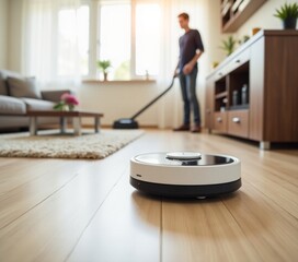 Robot vacuum cleaner vacuuming dust at home with no people around.