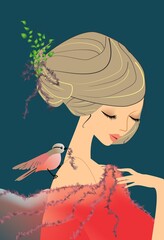 composition with beautiful woman and bird