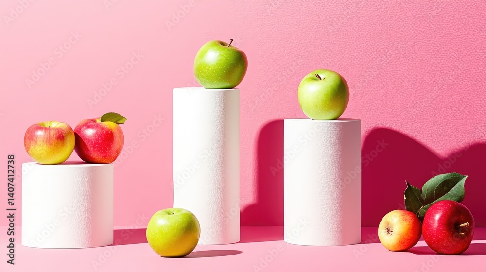 Poster clean and bold fruit display with apples on white cylinder stands and pink background