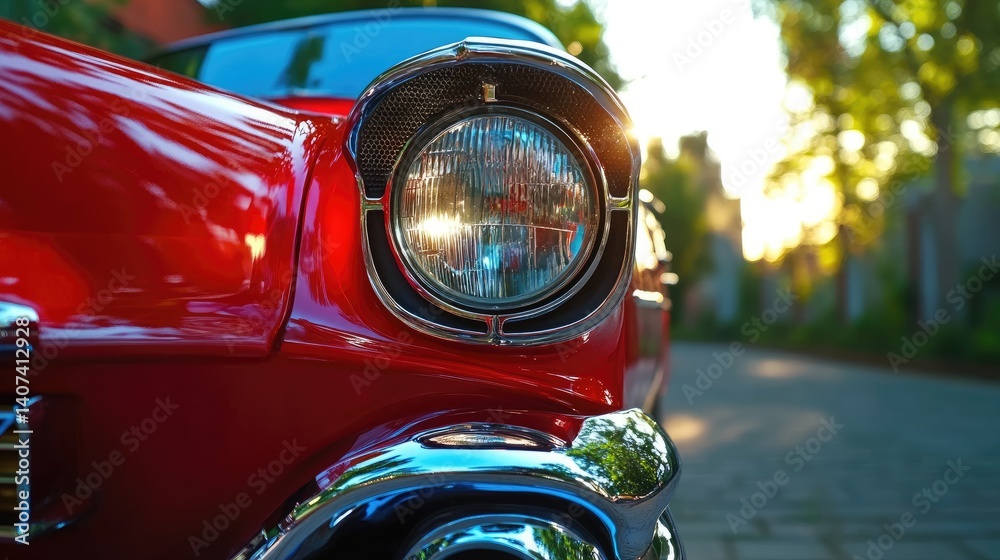Poster close view of retro red car headlight with polished chrome and deep red paint