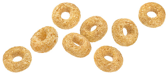 Falling cereal rings isolated on white background