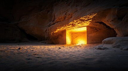 Entrance to old tomb carved in rock cliffs, glowing under Valley of Kings sunset light