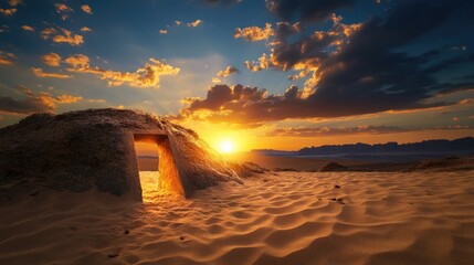 Golden sands and ancient tomb under warm sunset sky, Valley of the Kings in silence