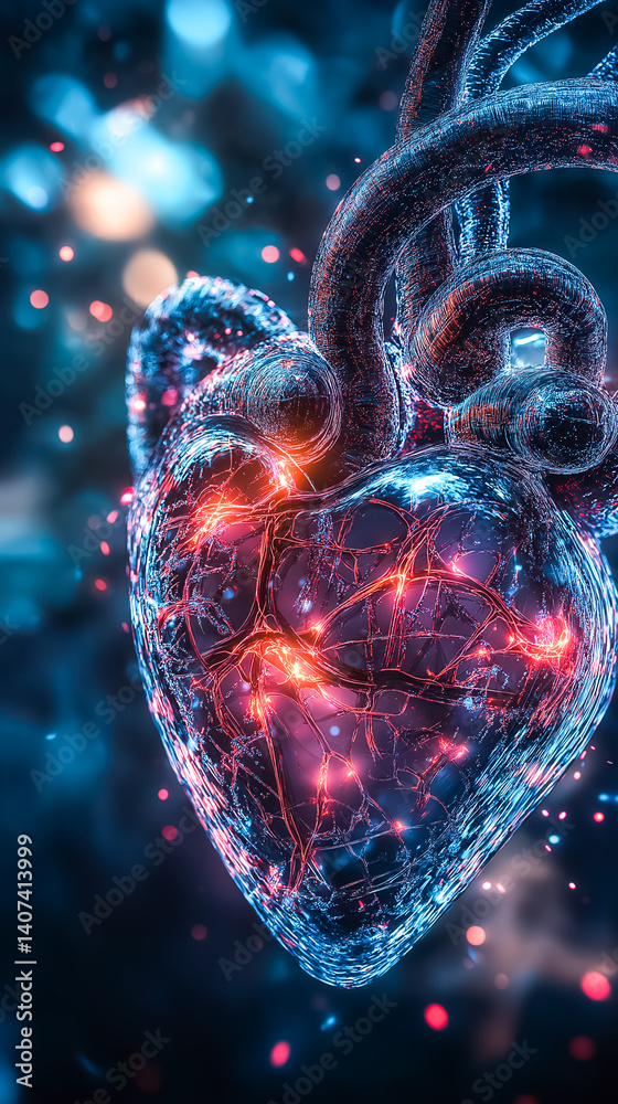 Poster glowing heart design with intricate textures and bright colorful patterns. artistic setting features